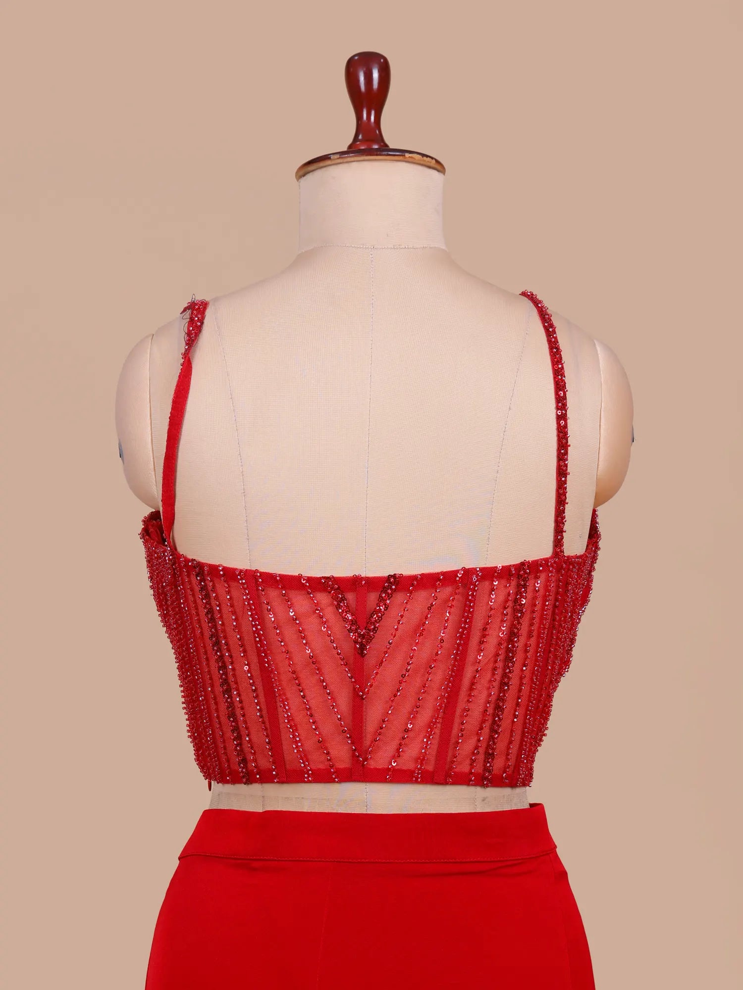Red Designer Lycra Pre-Drape Saree With Unique Shrug And Cut Dana Details