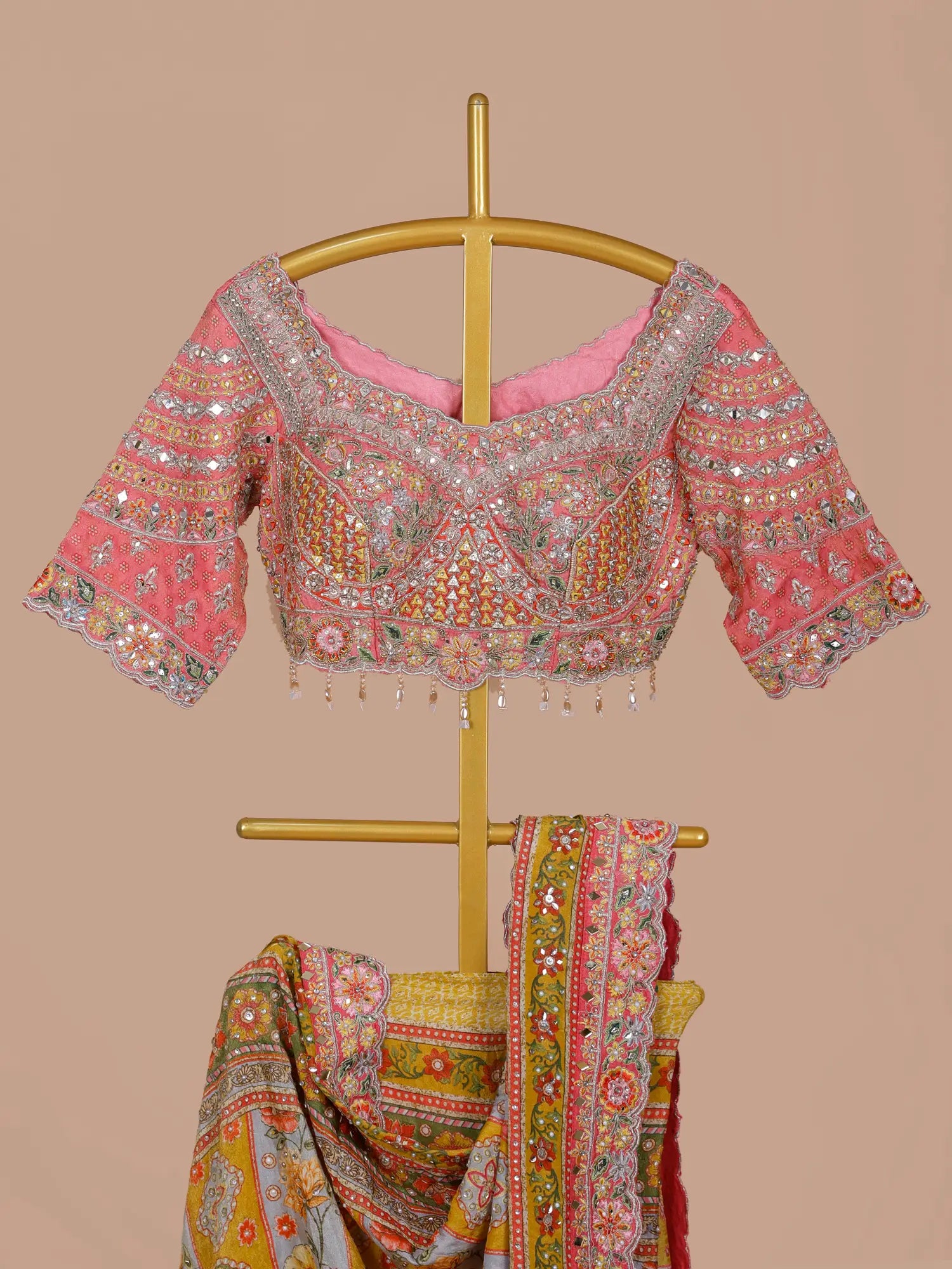 Multicolor Couture Printed Silk Saree Showcasing Diamond Moti Work
