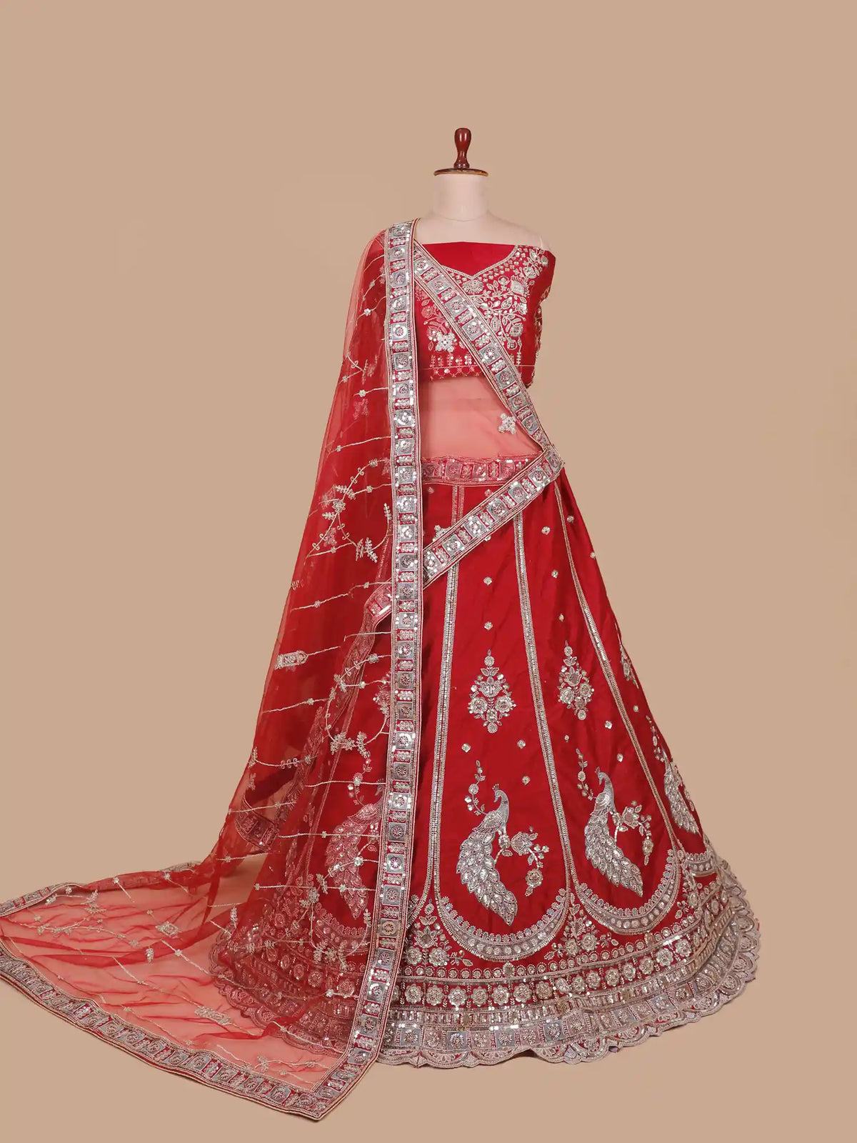 Scarlet Silk Sider Lehenga with Intricate Peacock Patterns