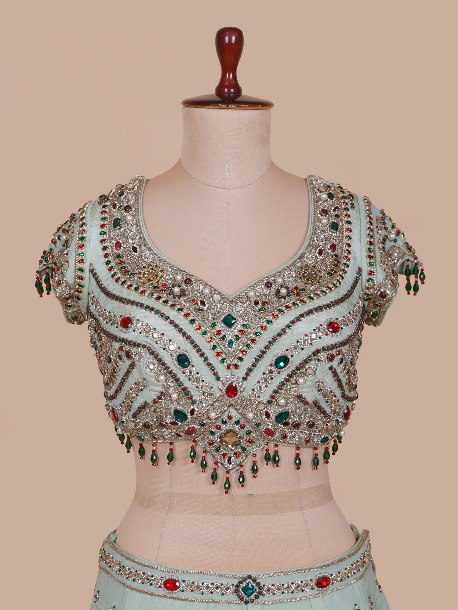 Shop Pista Green Shimmer Silk Lehenga Online With Crystal Brooch Detailing