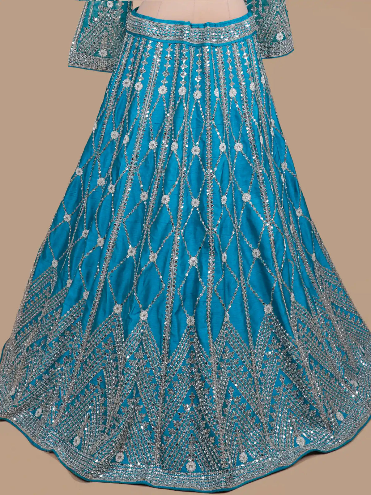 Turquoise Blue Designer Silk Lehenga Featuring Silver Arches and Mirror Work