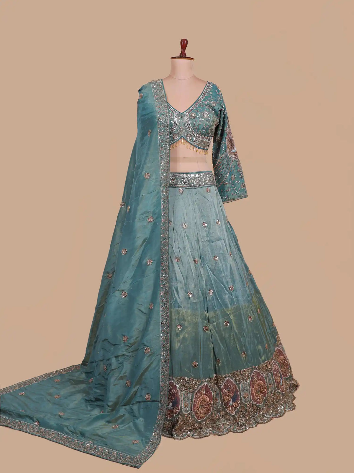 Dual Tone Teal Lehenga Featuring Ornate Bird Embroidery
