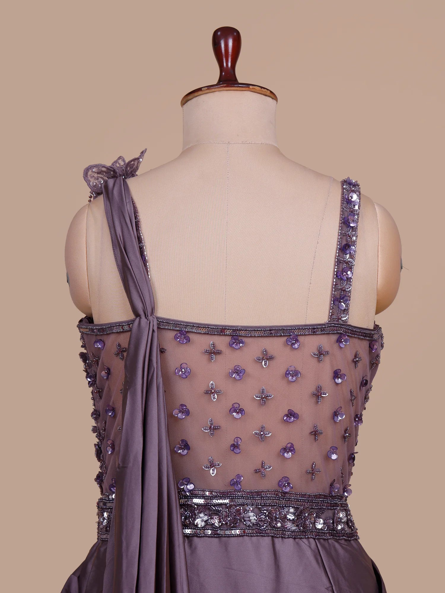 Purple Satin Silk Long Indo Western Saree Highlighted By Sequin Moti Work