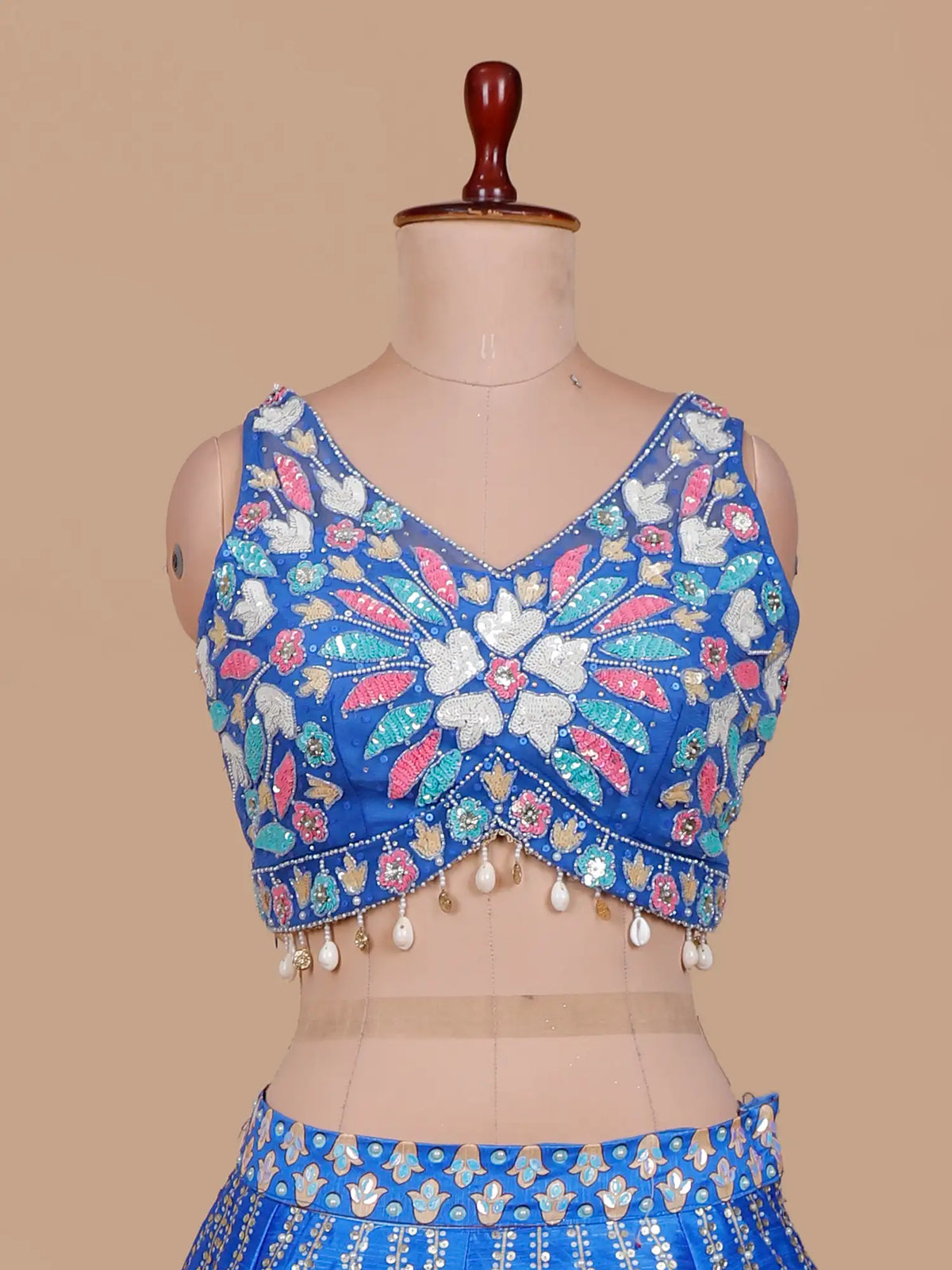 Royal Blue Designer Lehenga Choli Online with Multicolour Floral Mirror Work