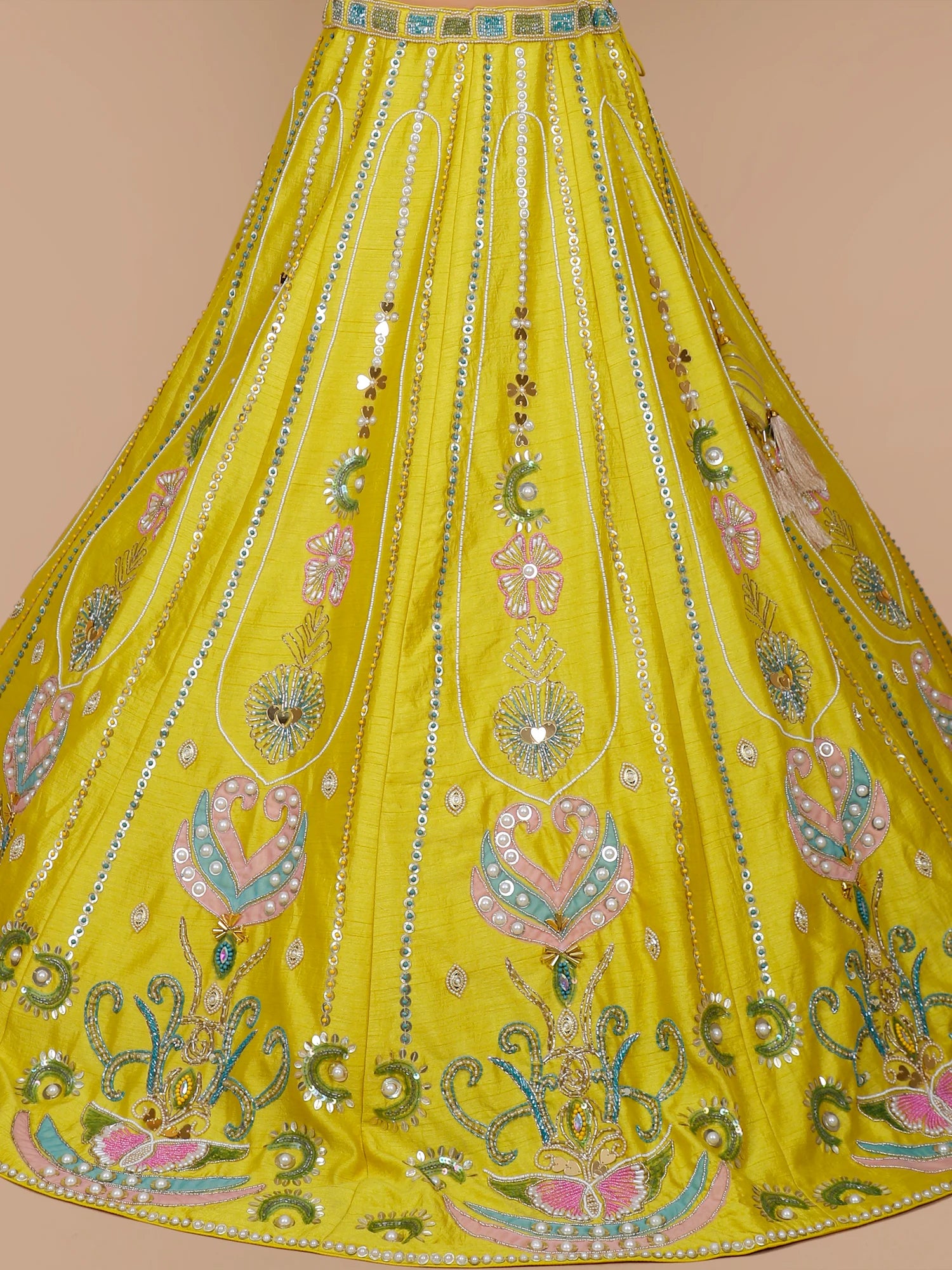 Yellow Silk Noorafza Pearl Moti lehenga for bride haldi look