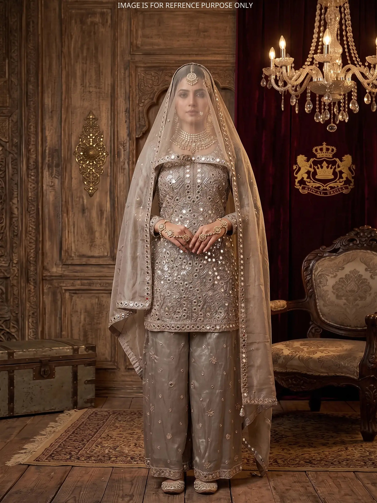 Elevate Grey Shimmer Silk Traditional Palazzo Suit Showcasing Mirror Work