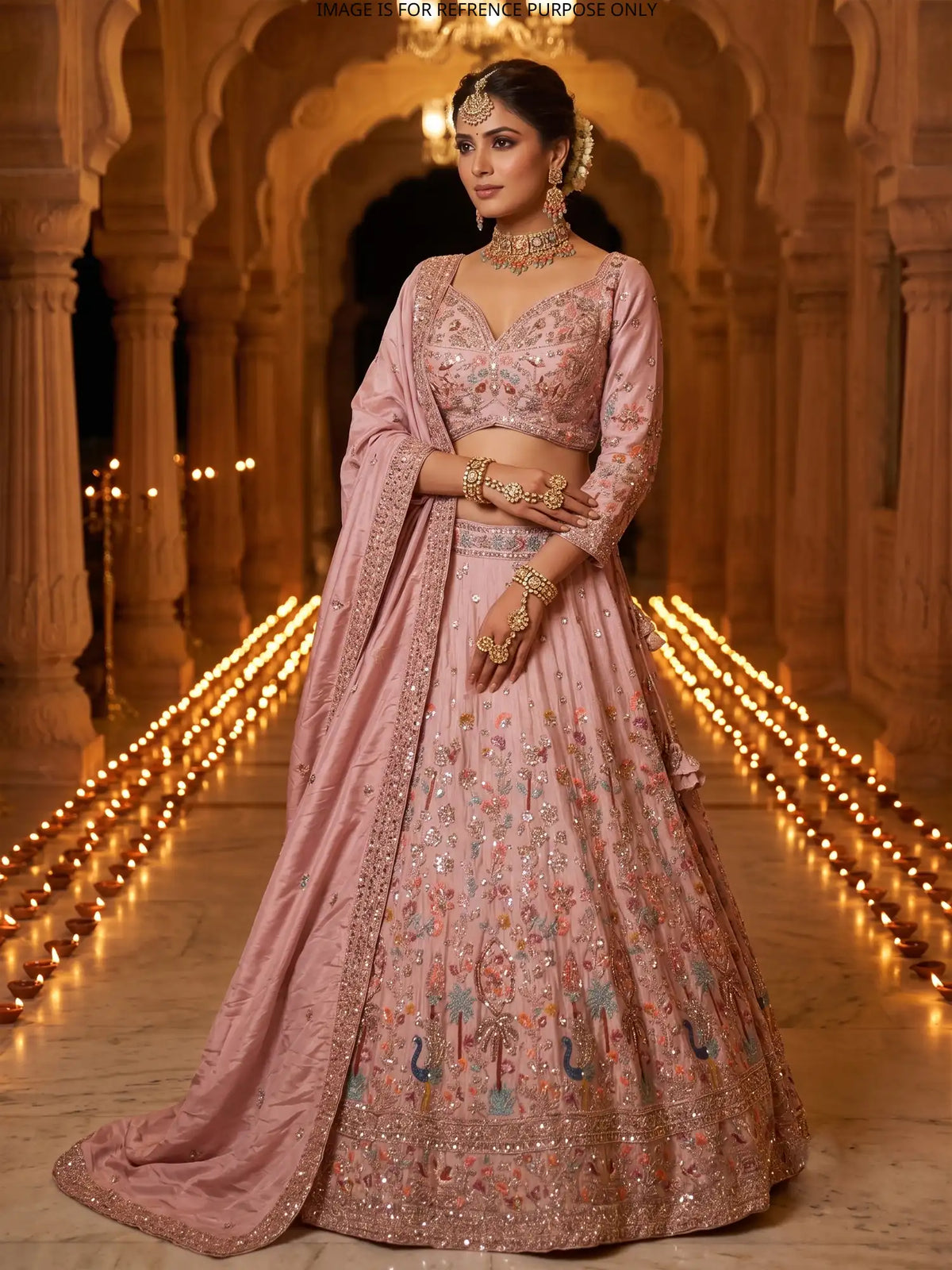 Enchanting Pink Shimmer Silk Lehenga Choli Featuring Peacock And Tree Detailing