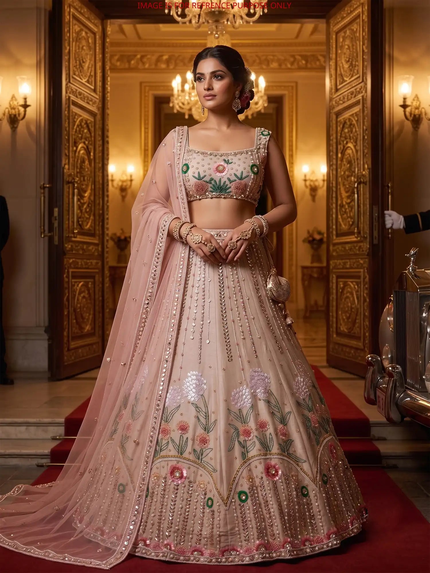 Exclusive Biscuit Color PDP Inspired Silk Lehenga With Crystal Sequin Craft