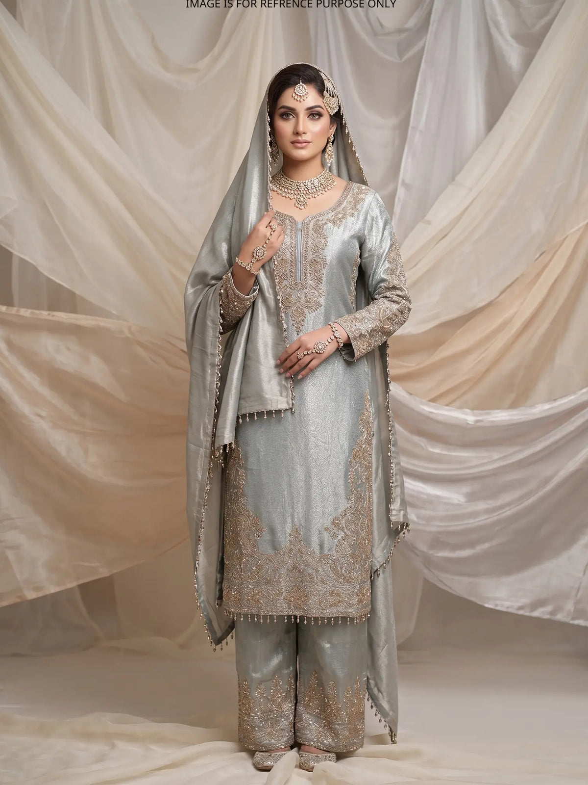 Exclusive Blue Grey Banarasi Silk Suit Featuring Gold Beaded Embroidery