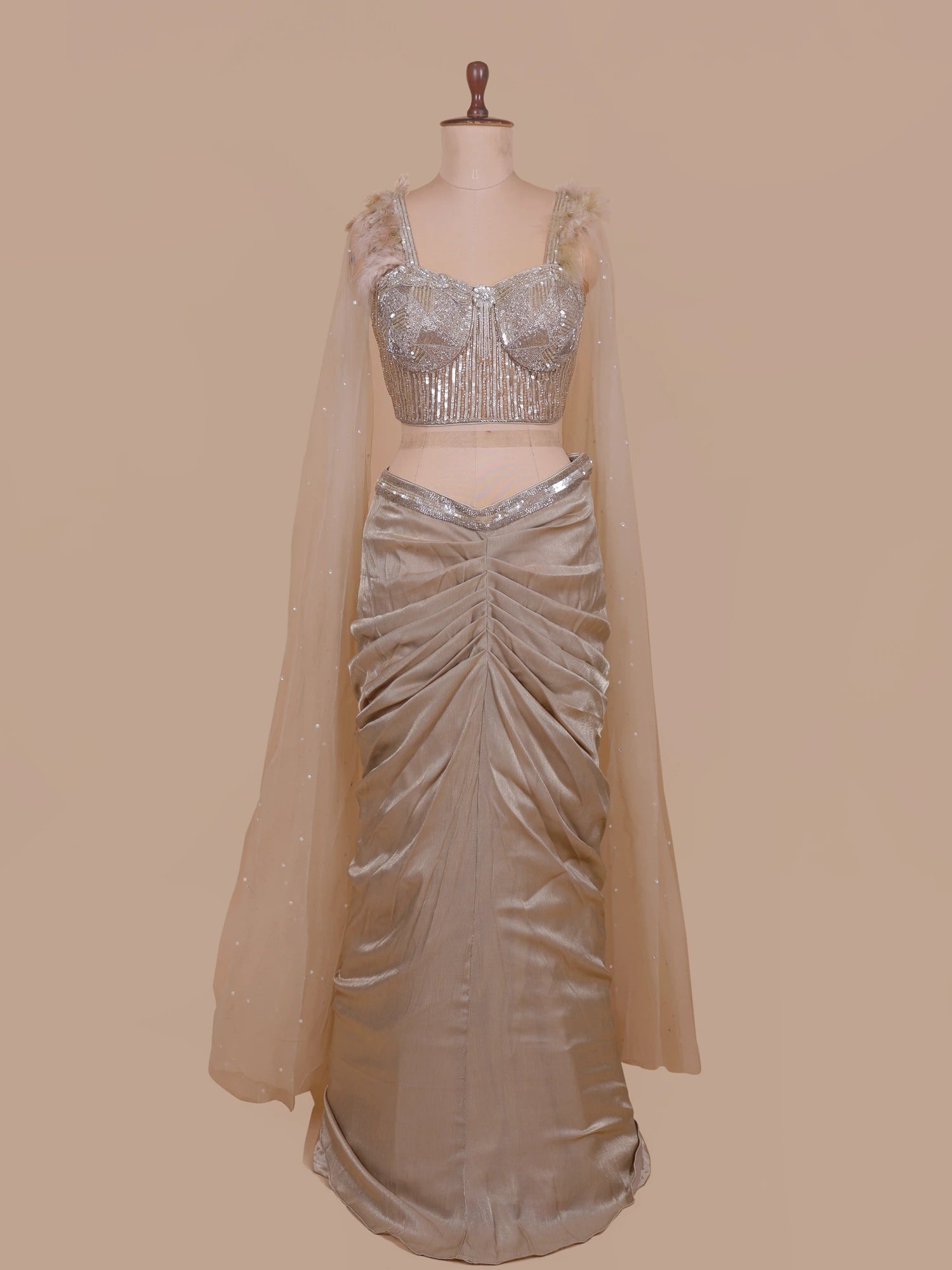 Champagne Designer Organza Ready-to-Wear Saree For Women