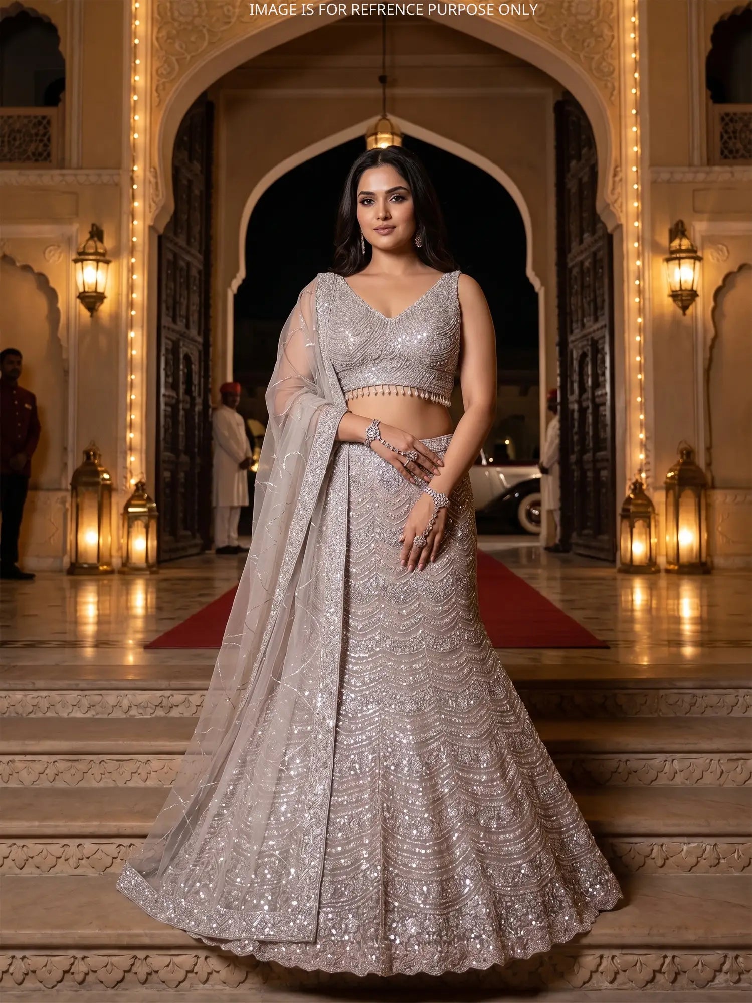 Exclusive Champagne Mermaid Lehenga Choli Adorned With Pearl Moti Work