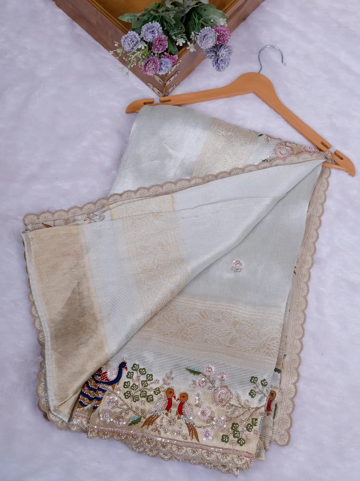 Buy Elite Dual Tone Shimmer Silk Saree With Luxury Hand Embroidery