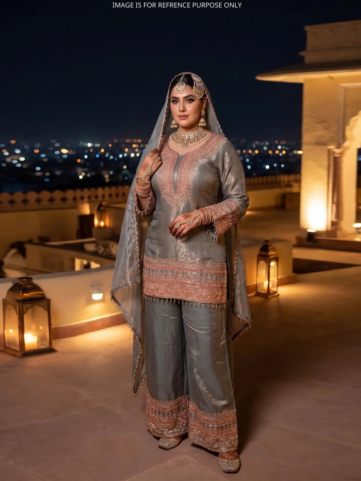 Exclusive Grey Shimmer Banarasi Silk Salwar Suit Highlighting Beads Work