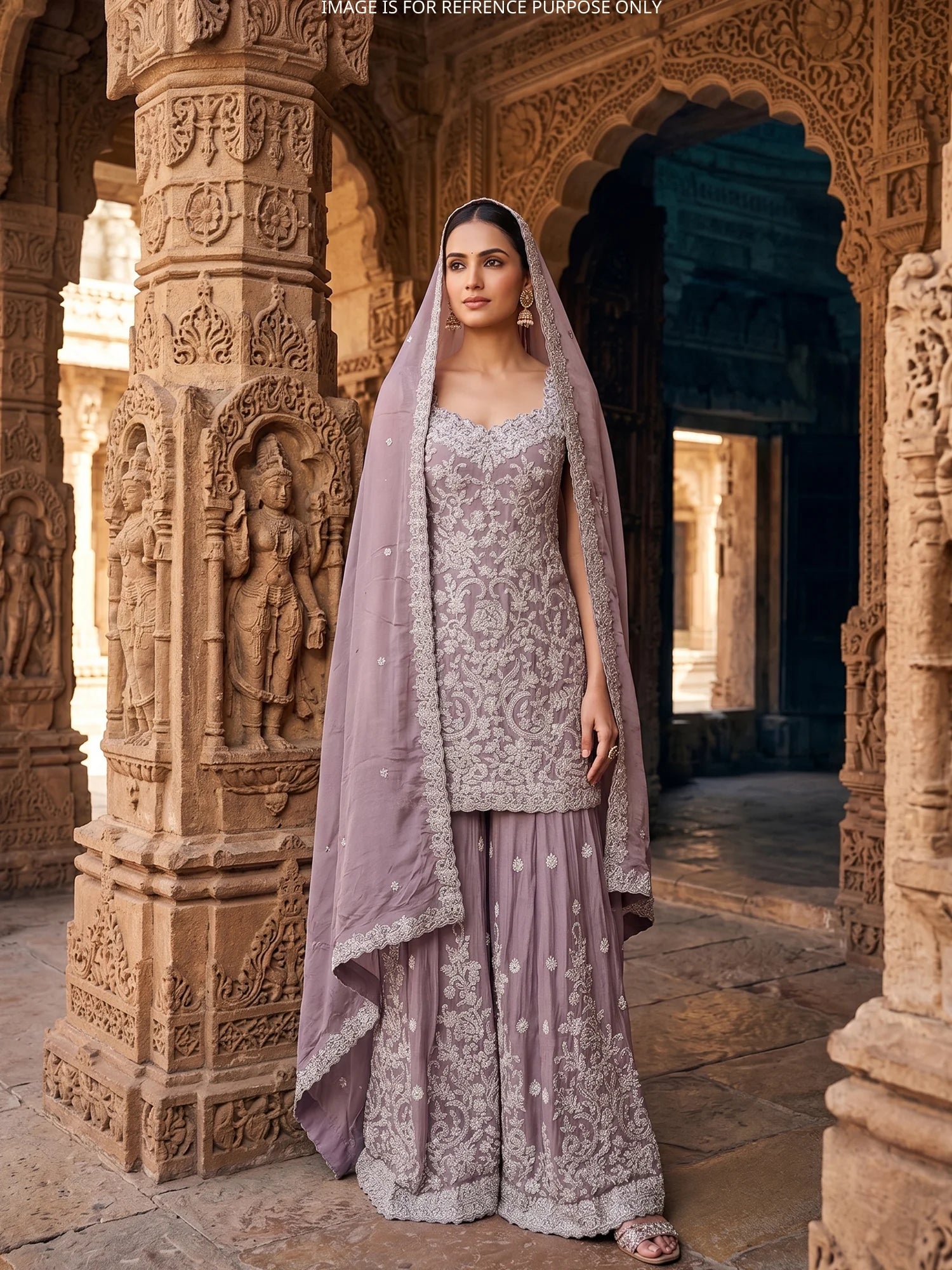 Exclusive Lavender Chinon Gharara Suit In Traditional Mirror Pearl Art