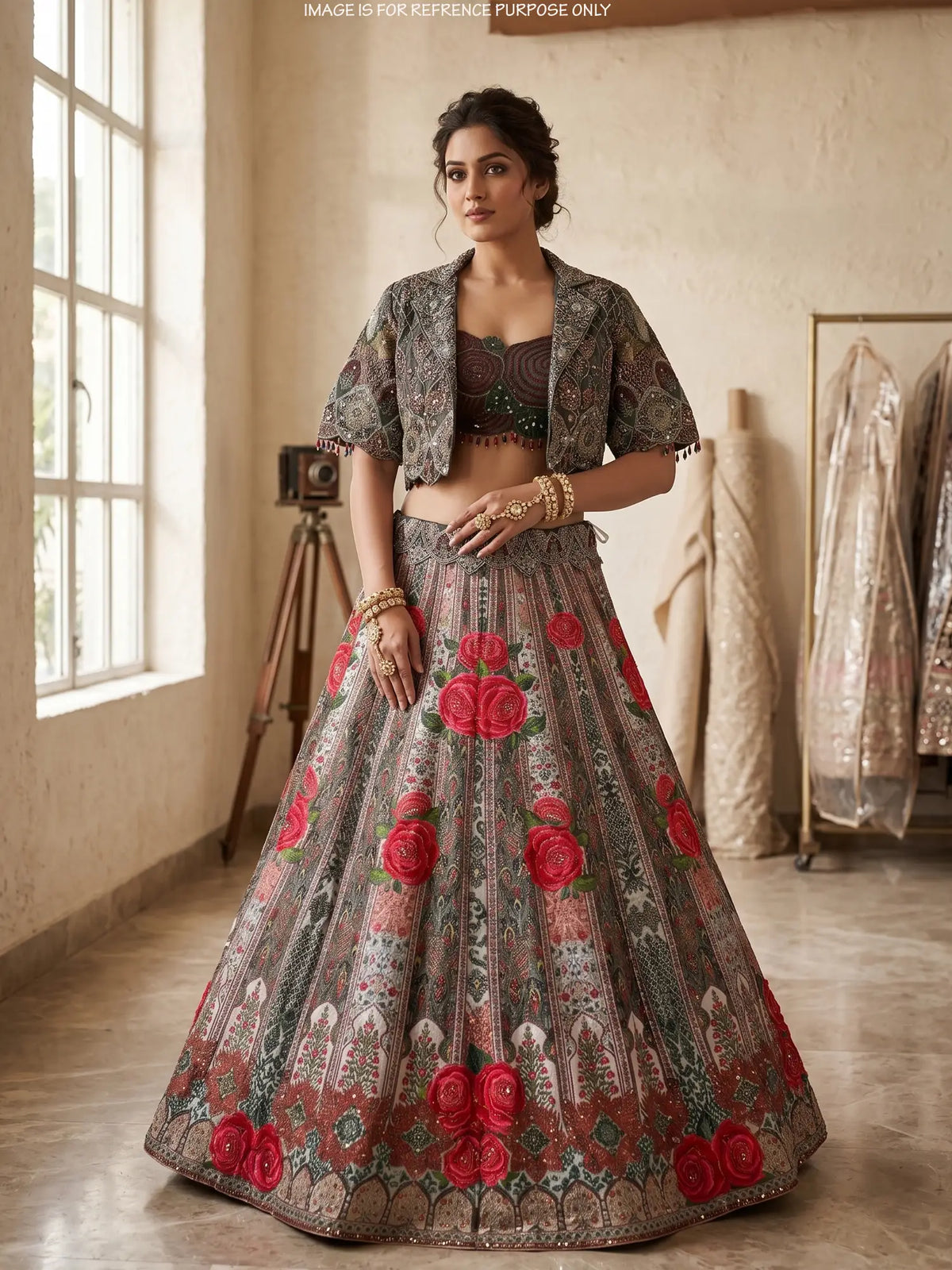 Exclusive Multicolor Silk Lehenga with Red Rose Print and Beaded Jacket