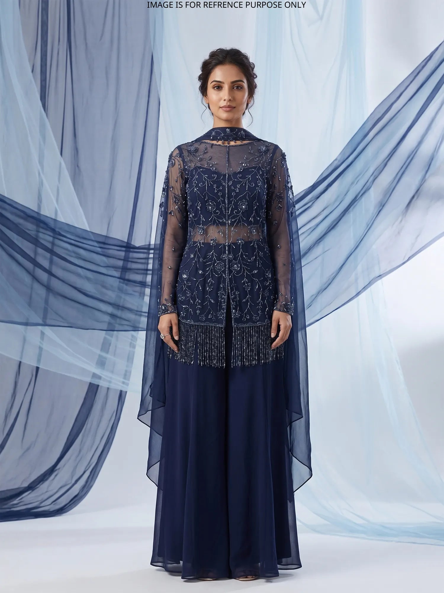 Exclusive Navy Blue Georgette Indo Western palazzo suit Featuring Sheer Shrug