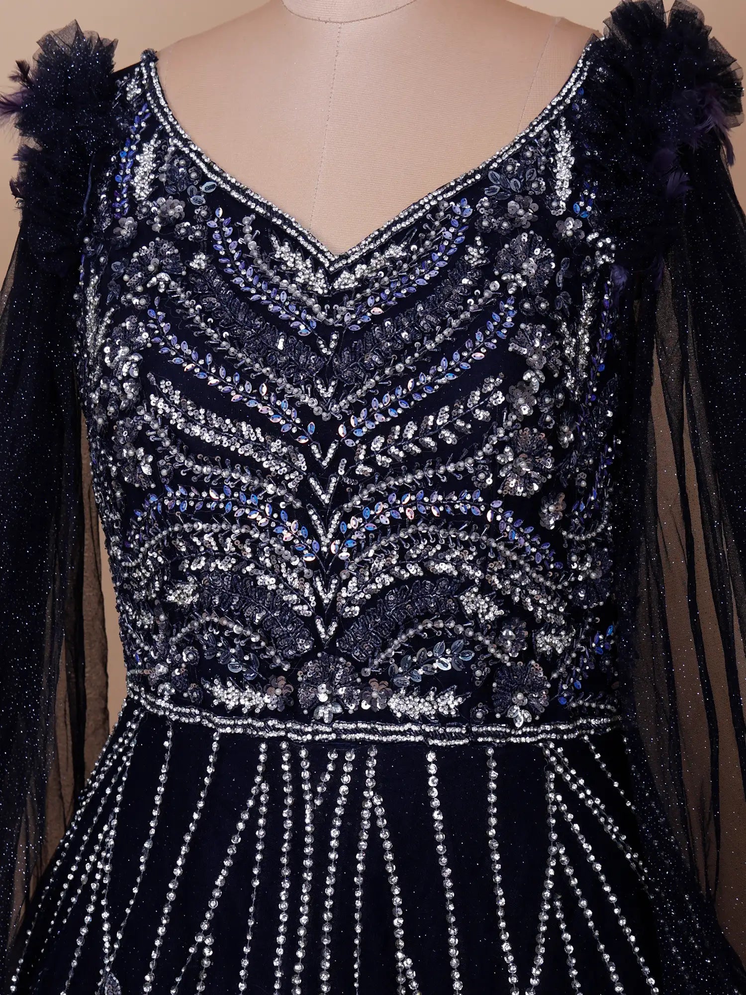 Buy Premium Navy Blue Net Long Gown With Signature Sequin Pearl Work