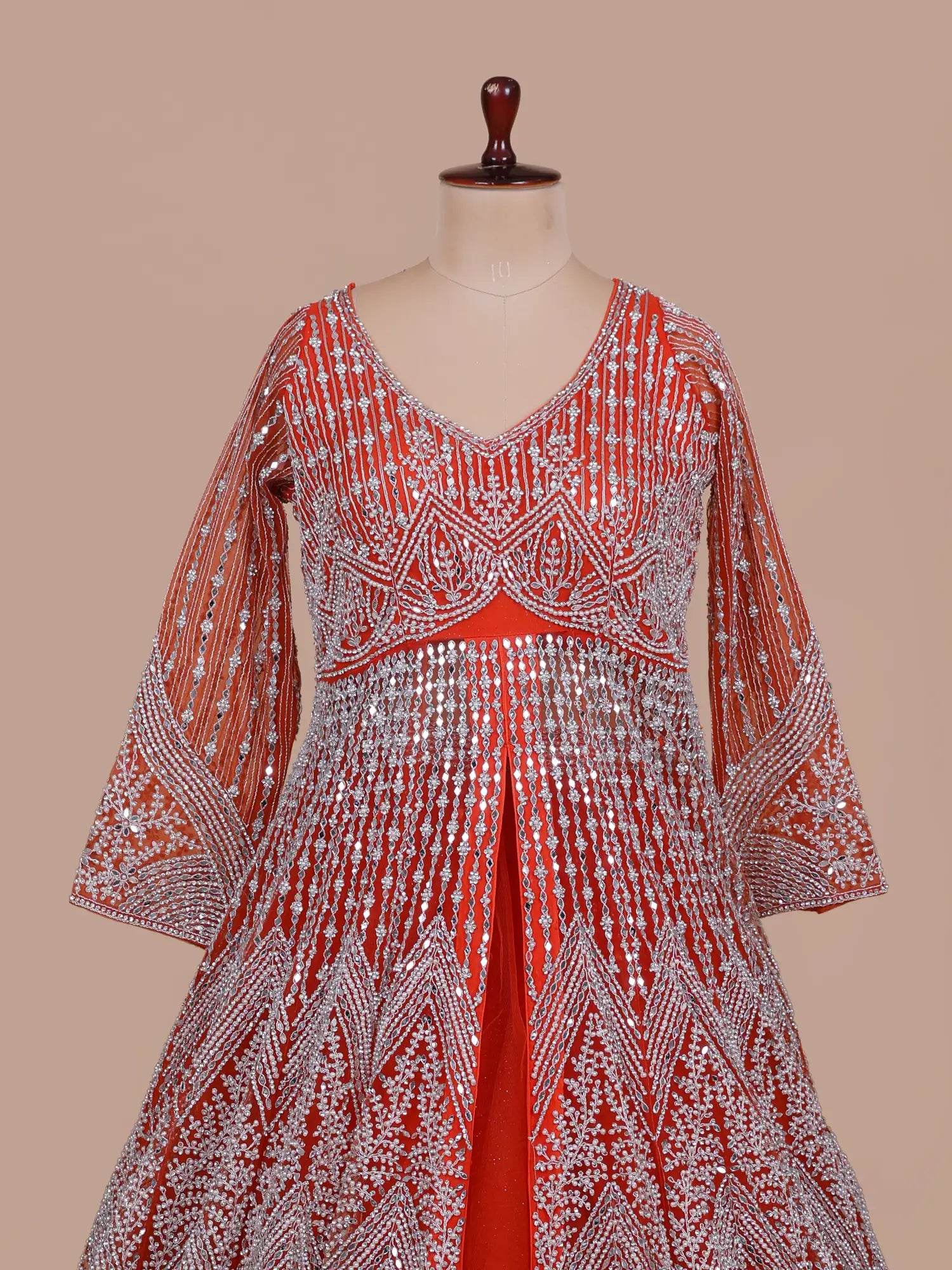 Buy Masterpiece Orange Net Indo-Western Lehenga For Grand Celebrations