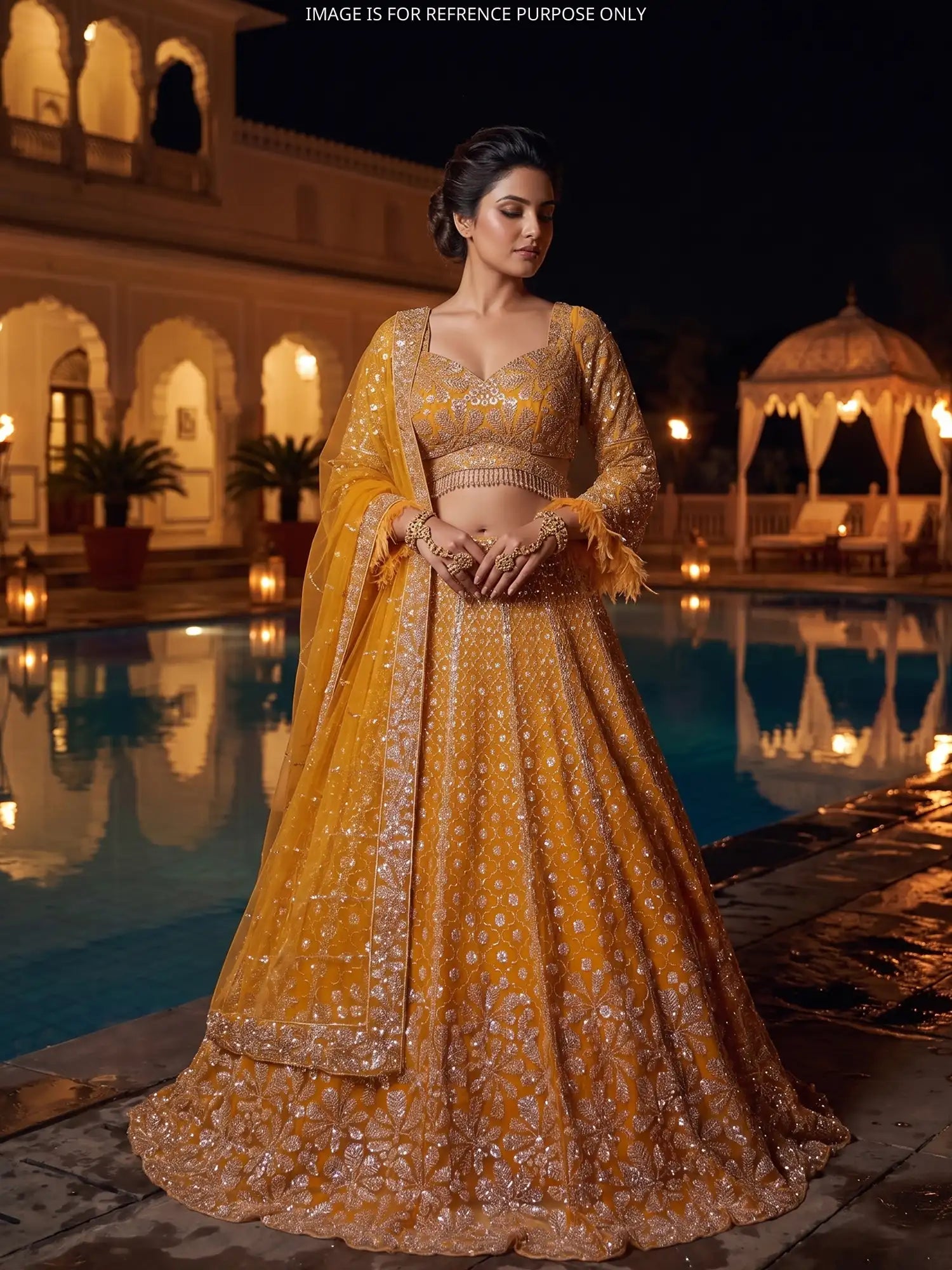 Exclusive Orange Net Lehenga With Designer Work For Weddings