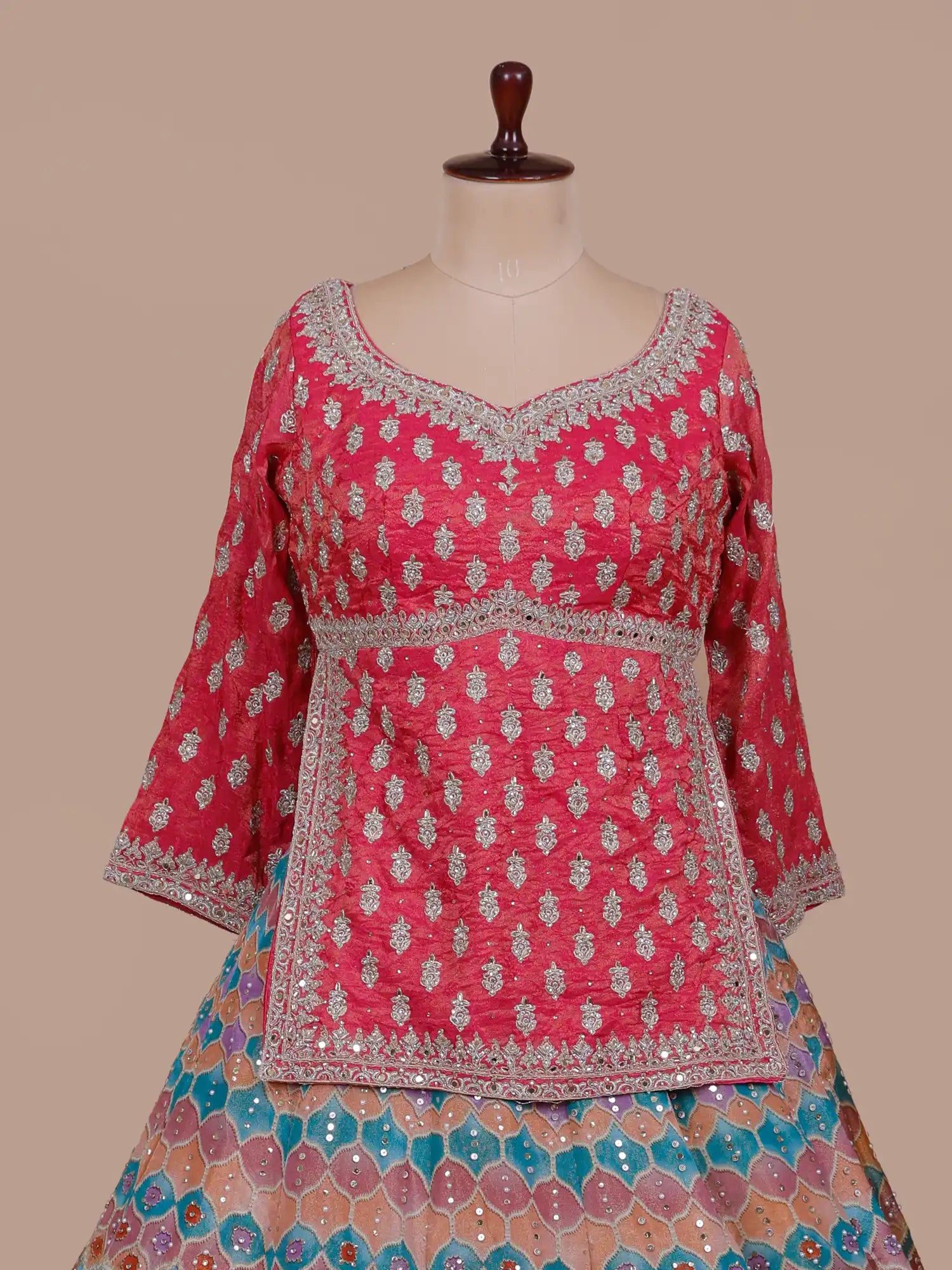 Buy Iconic Printed Silk Peplum Lehenga With Elegant Heritage Work