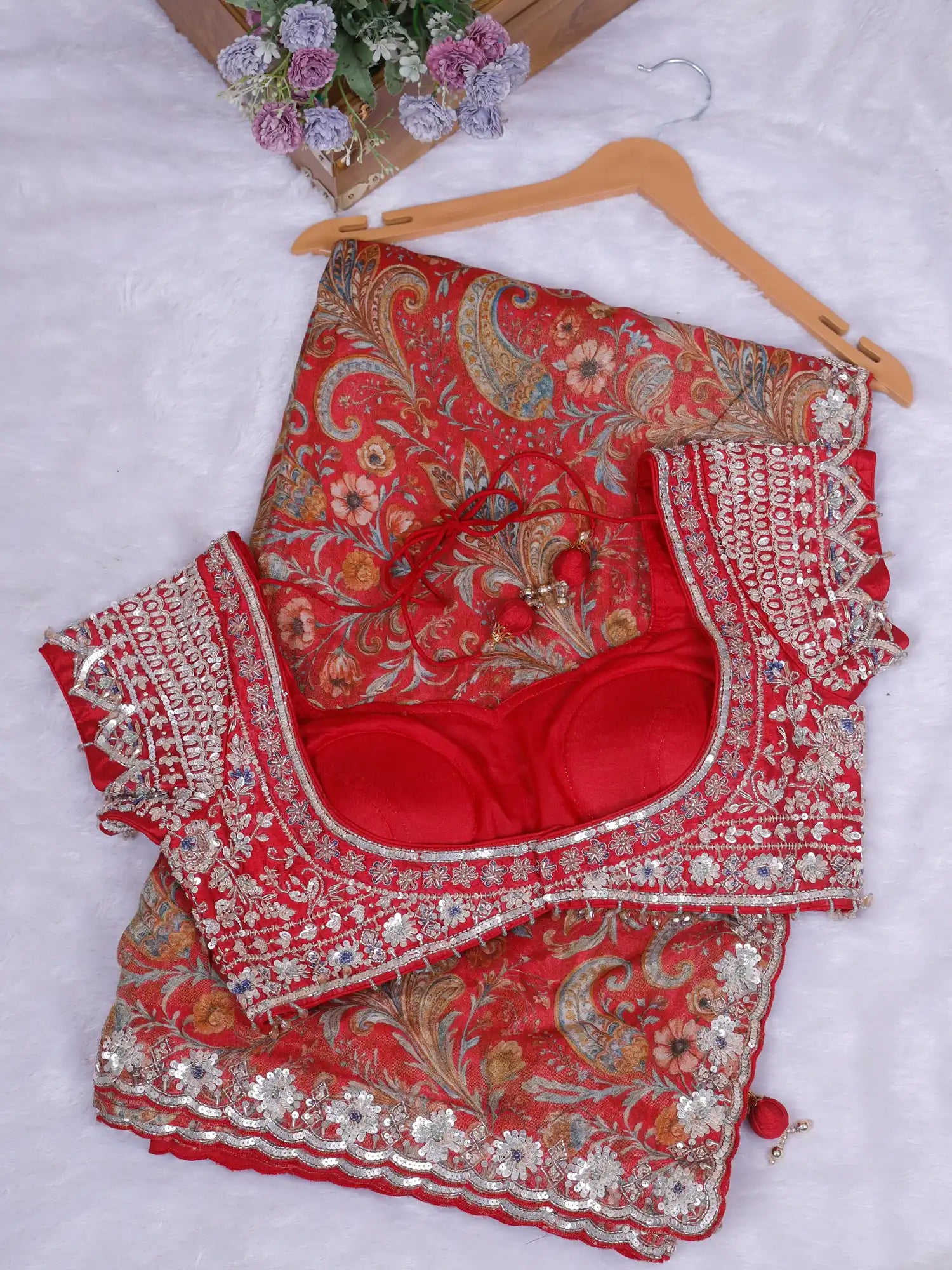 Prestige Red Printed Crepe Saree With Signature Handcrafted Work