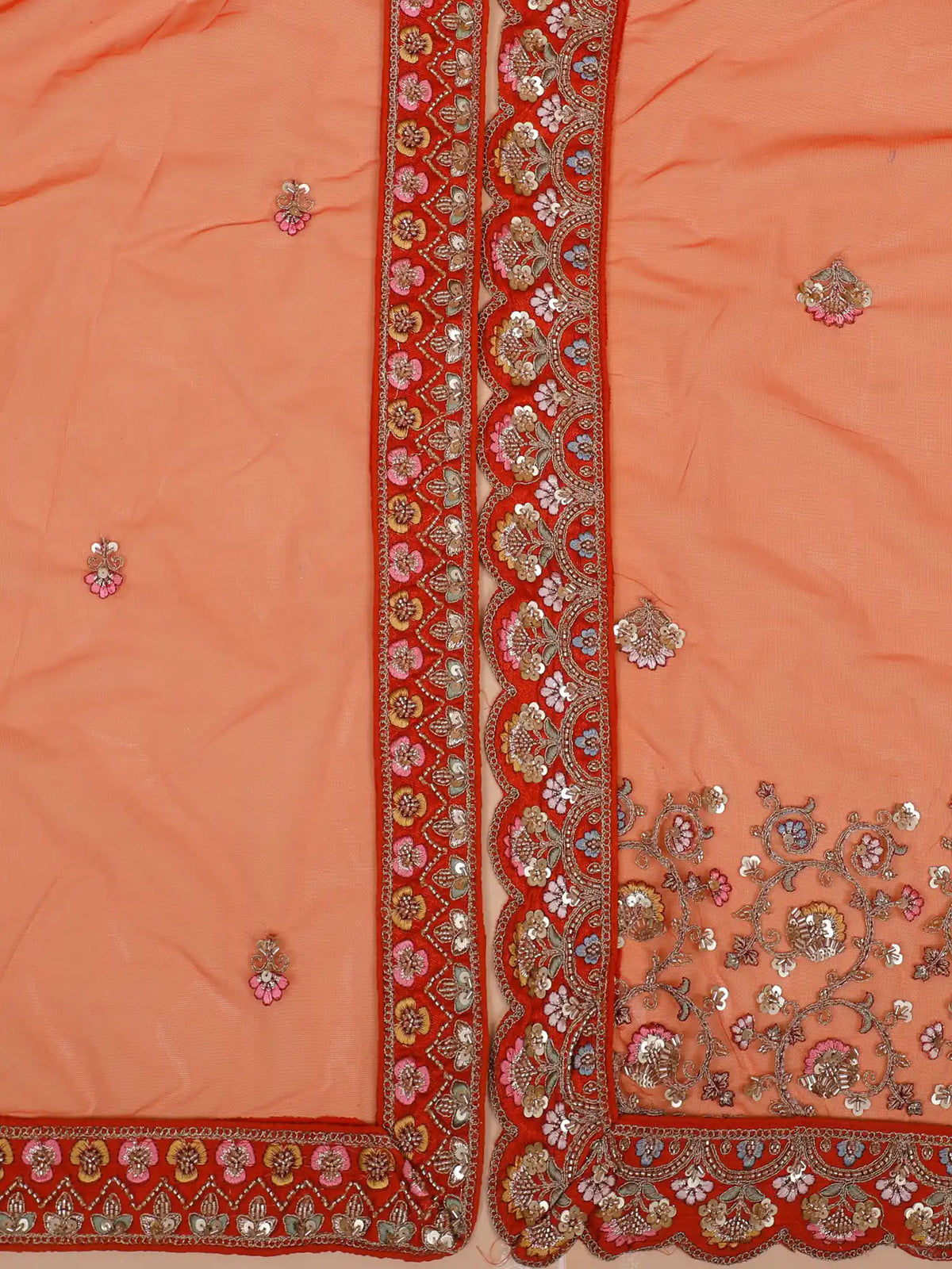 Exclusive Rust Orange Silk Lehenga Featuring Swans and Architectural Motifs