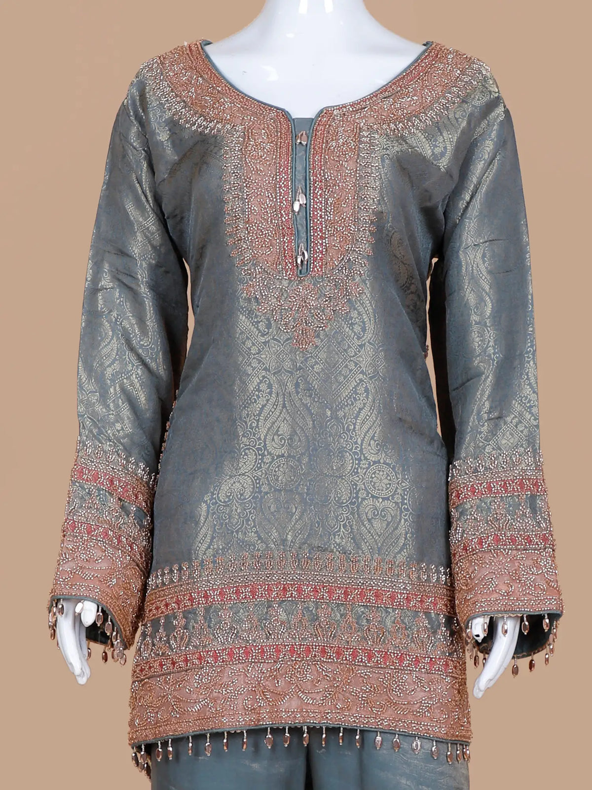 Exclusive Grey Shimmer Banarasi Silk Salwar Suit Highlighting Beads Work