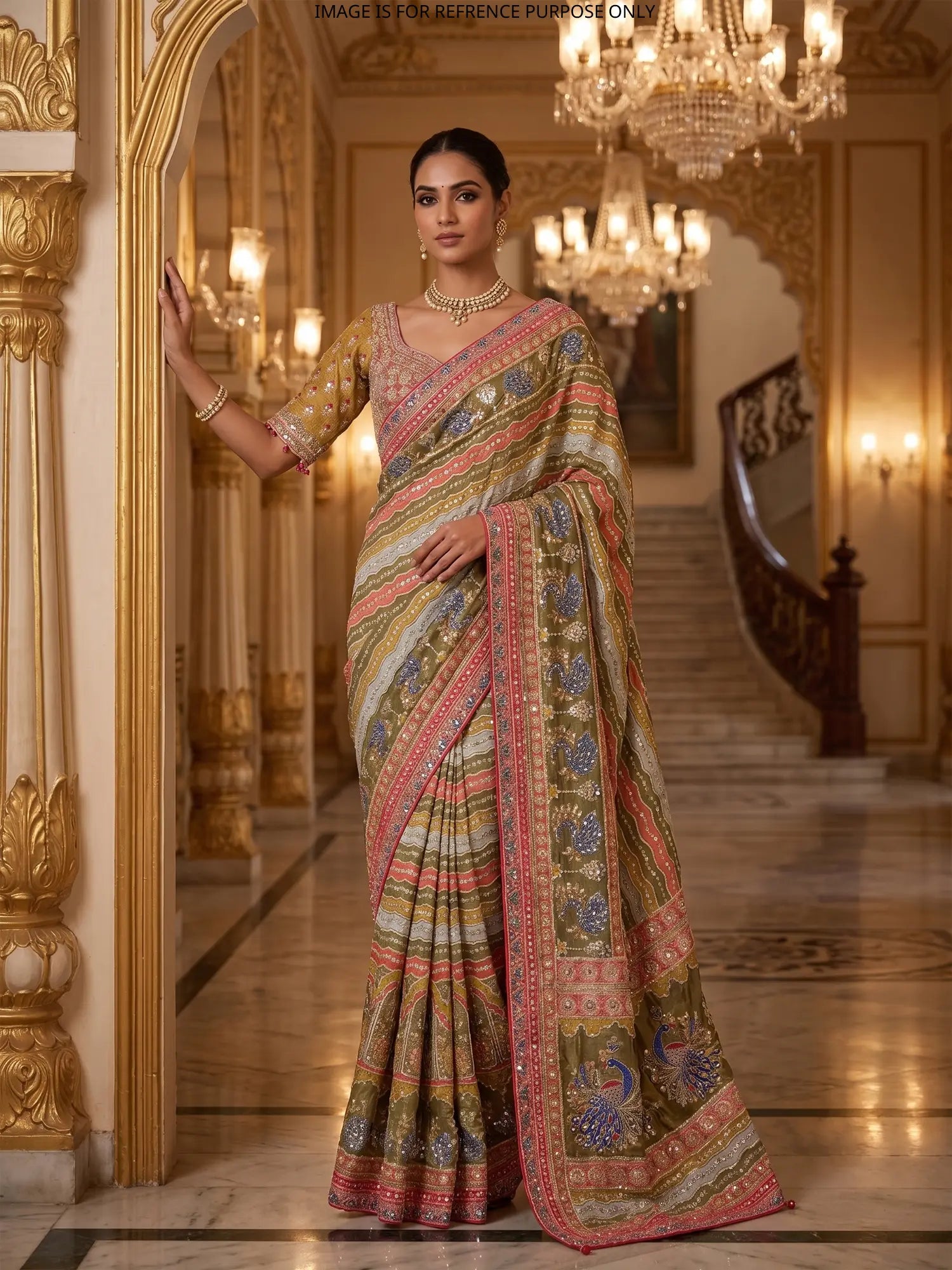 Explore Artistic Printed Silk Saree Showcasing Diamond Work