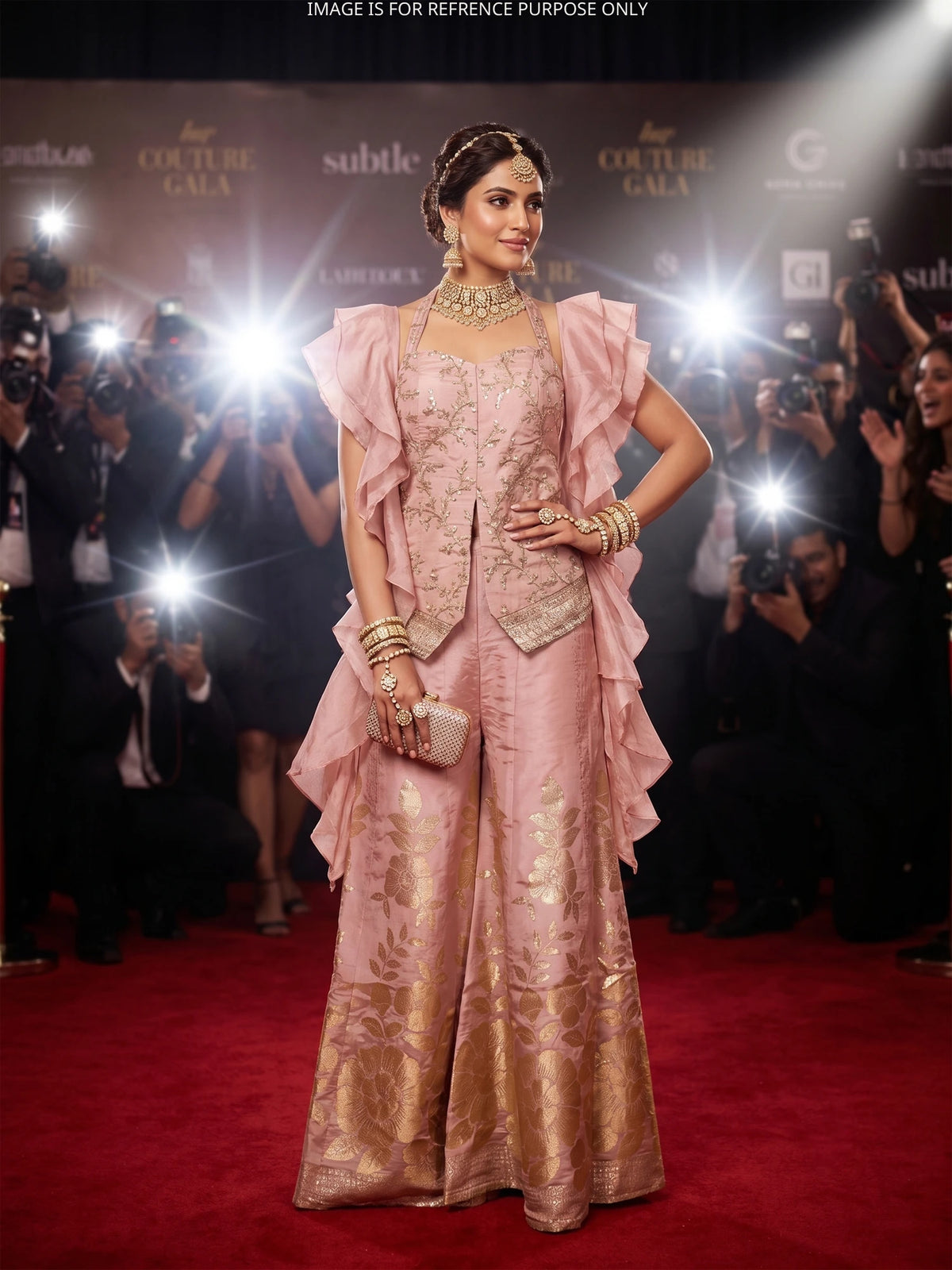 Explore Light Pink Printed Silk Palazzo Suit Showcasing Ruffle Dupatta