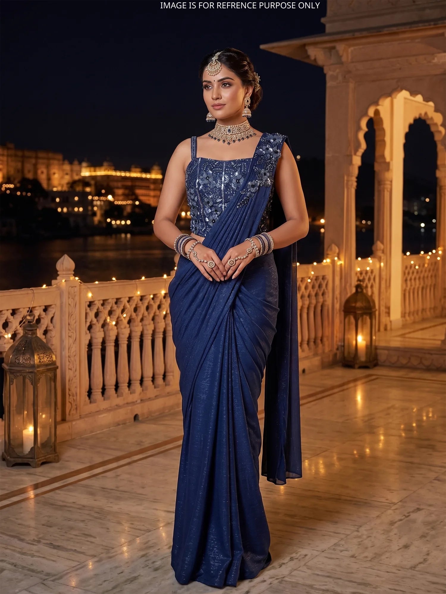Explore Navy Blue Imported Pre-Stitched Saree With Exquisite Cut Dana Stonework