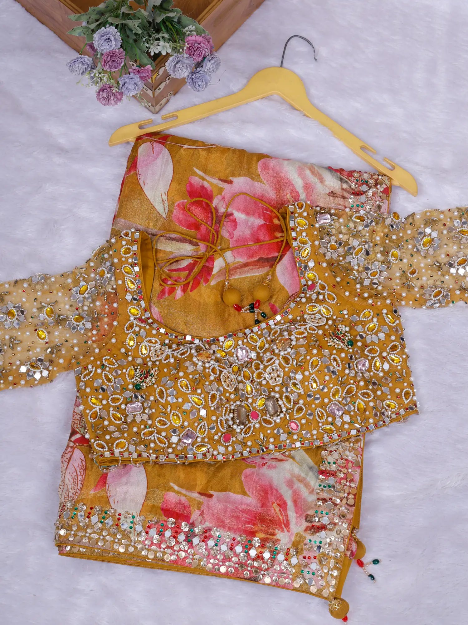 Explore Prestige Mustard Crepe Saree Online With Designer Embellishments