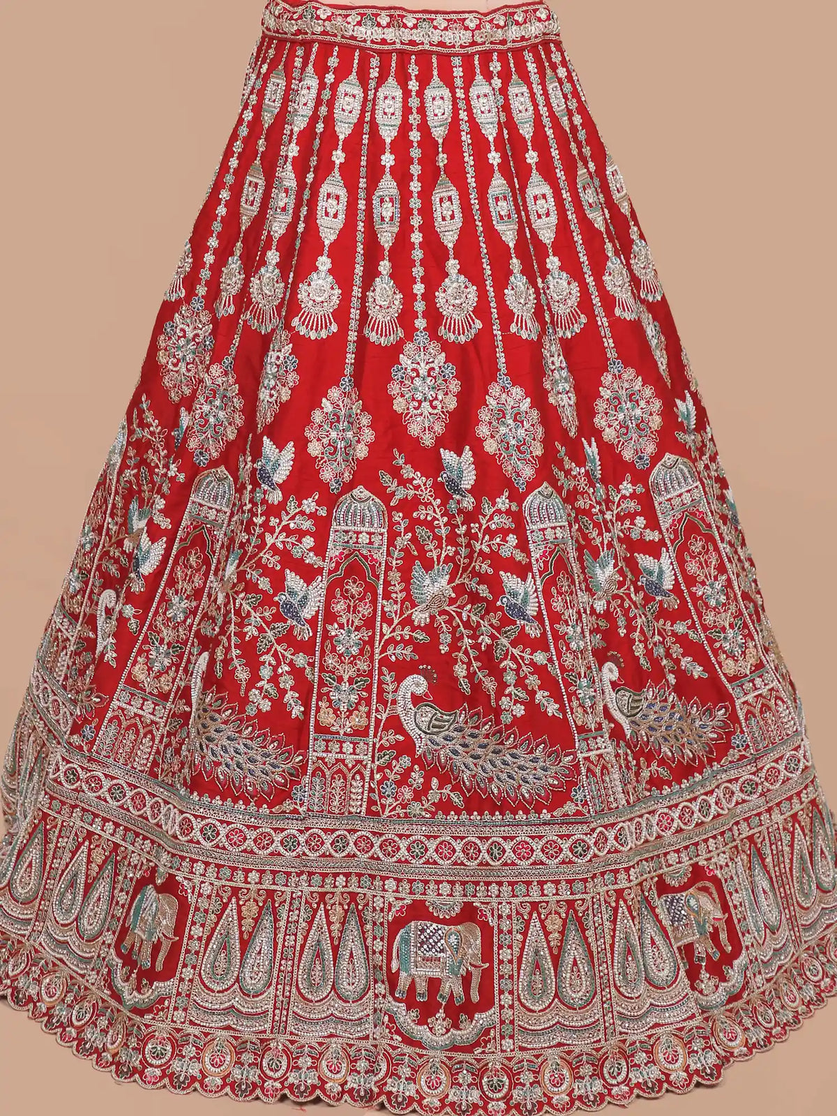 Exquisite Maroon Silk Bridal Lehenga Highlighting Peacock Birds and Elephant Motifs