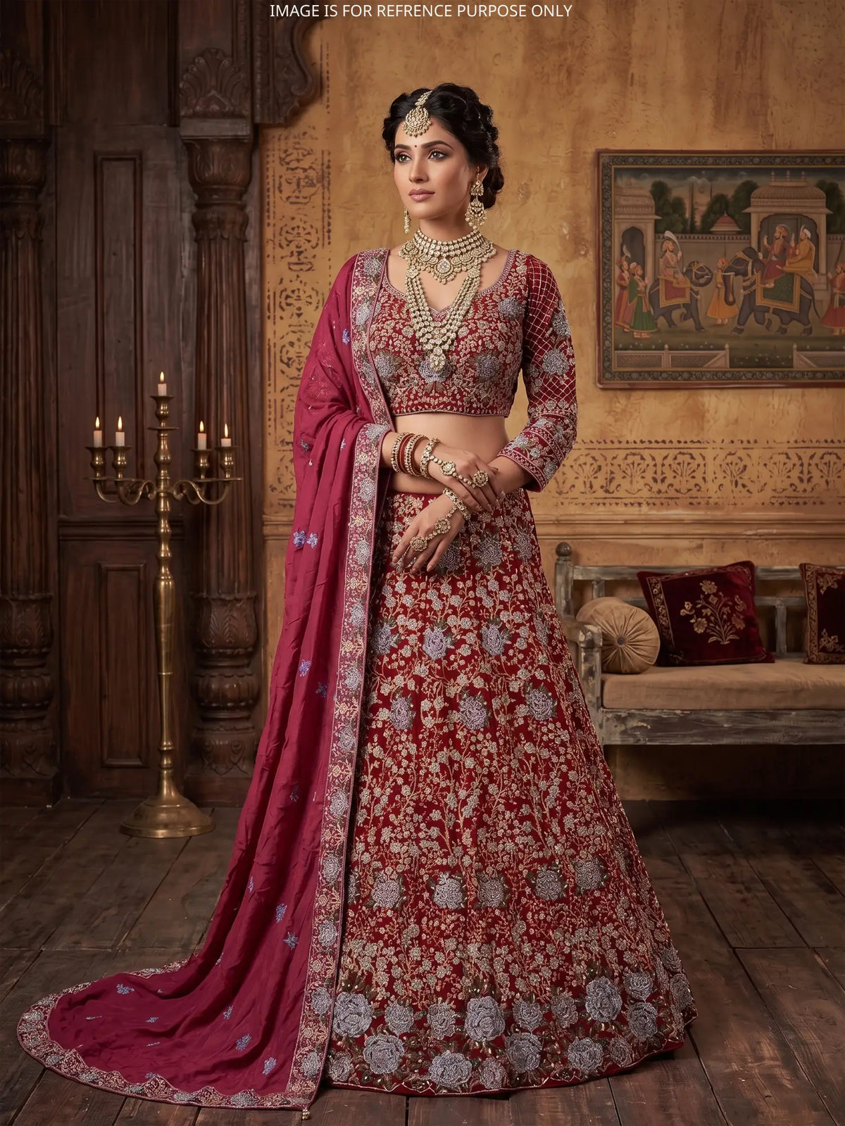 Eye Catching Maroon Georgette Lehenga Choli With Blue Rose Floral Design