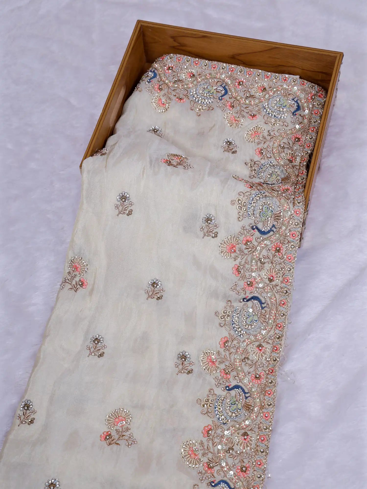 Shop Majestic Ivory Silk Saree With Elegant Hand Embroidery