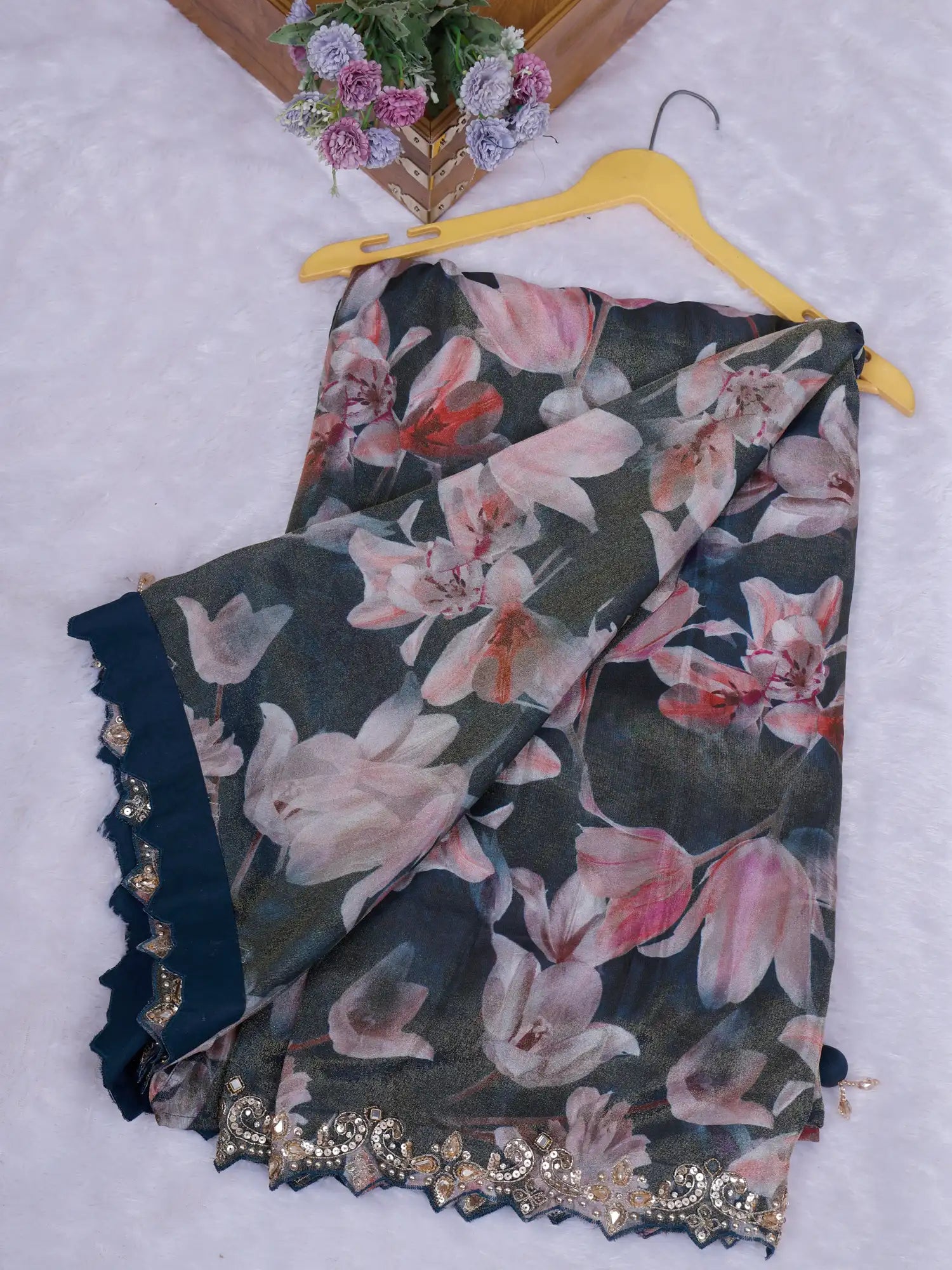 Classic Navy Blue Printed Crepe Saree Online Store With Designer Stone Embroidery
