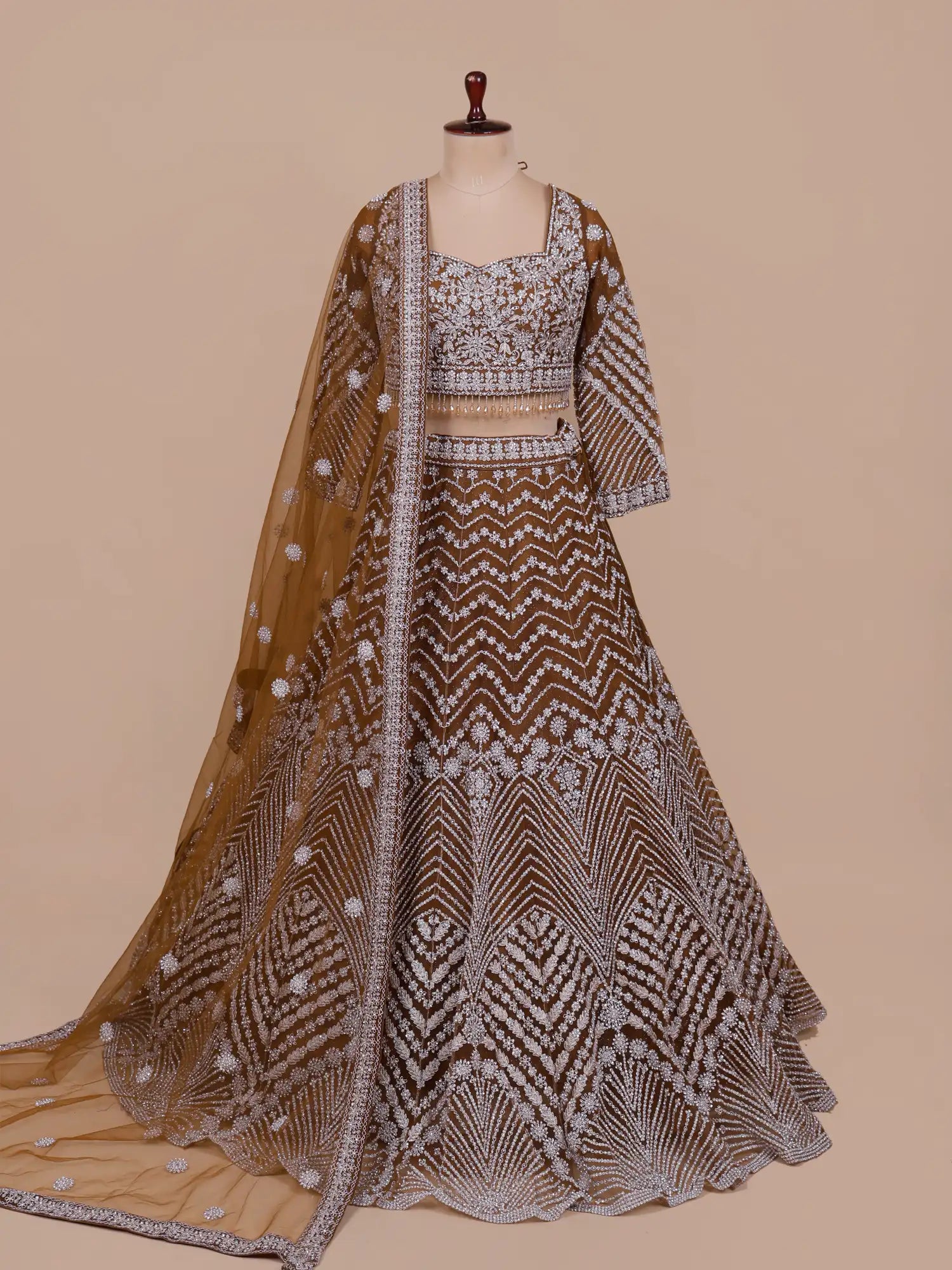 Shop Luxury Brown Net Lehenga Choli With Designer Embroidery For Wedding Functions