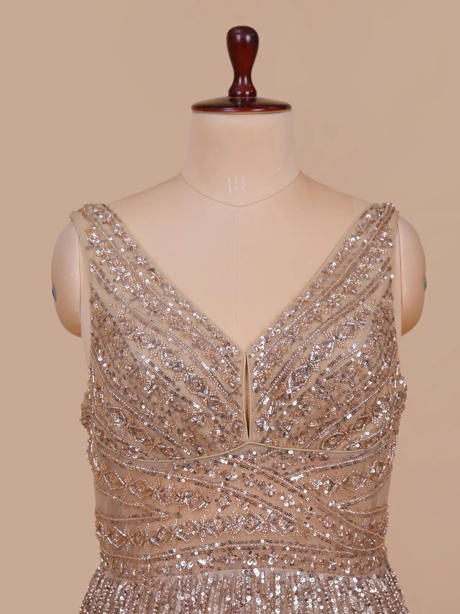 Champagne Gold Net Trendy Party Gown With Beads Work