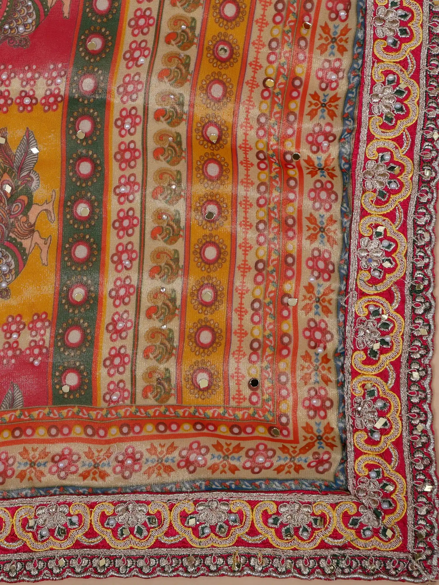 Luxury Multi Color Printed Silk Lehenga With Diamond Work