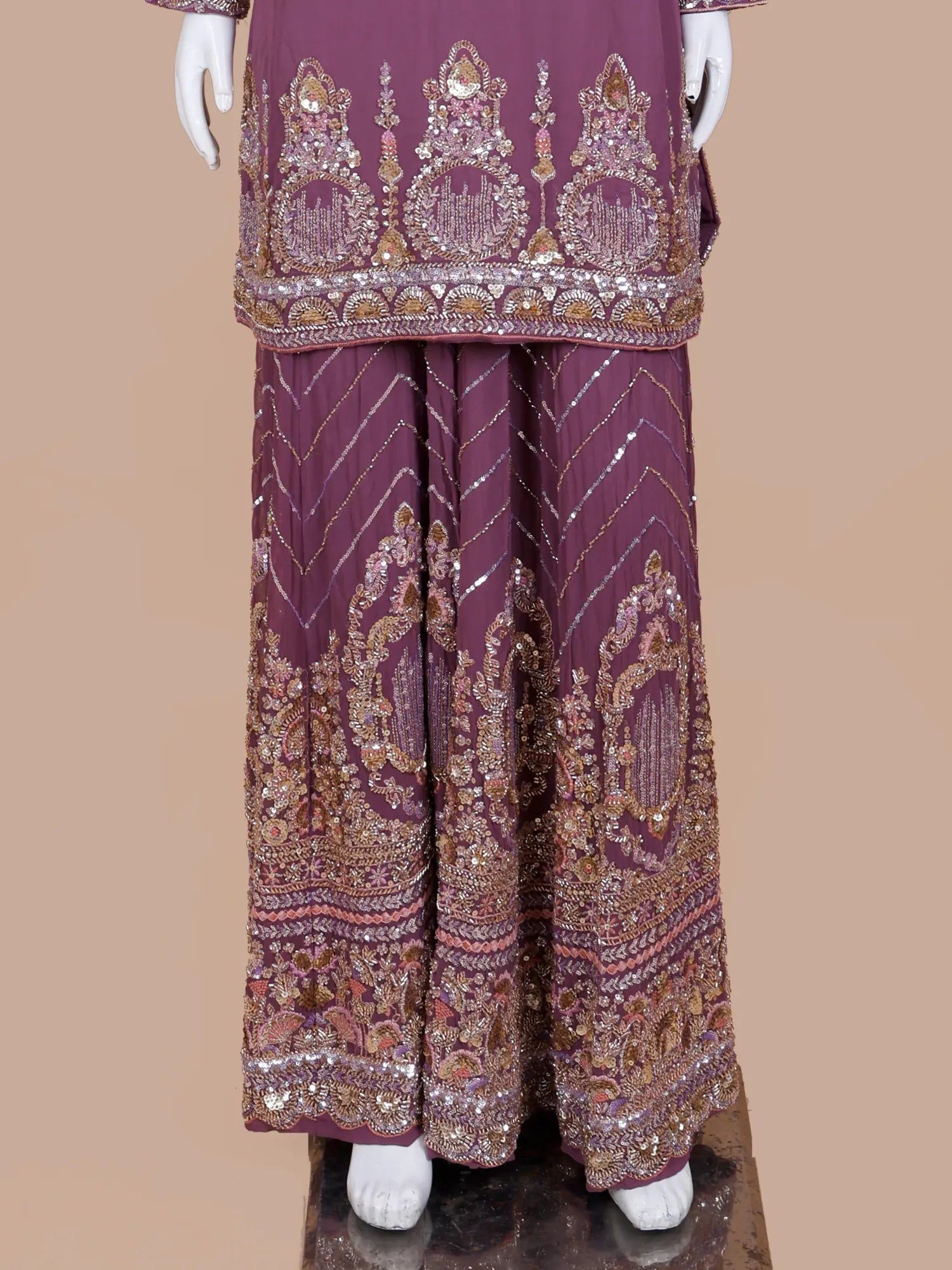 Modern Magenta Georgette Palazzo Suit With Traditional Bead Threadwork