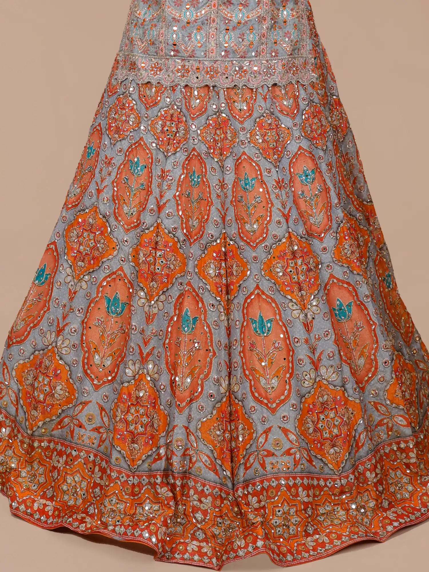 Explore Graceful Multi Color Printed Silk Peplum Lehenga Online