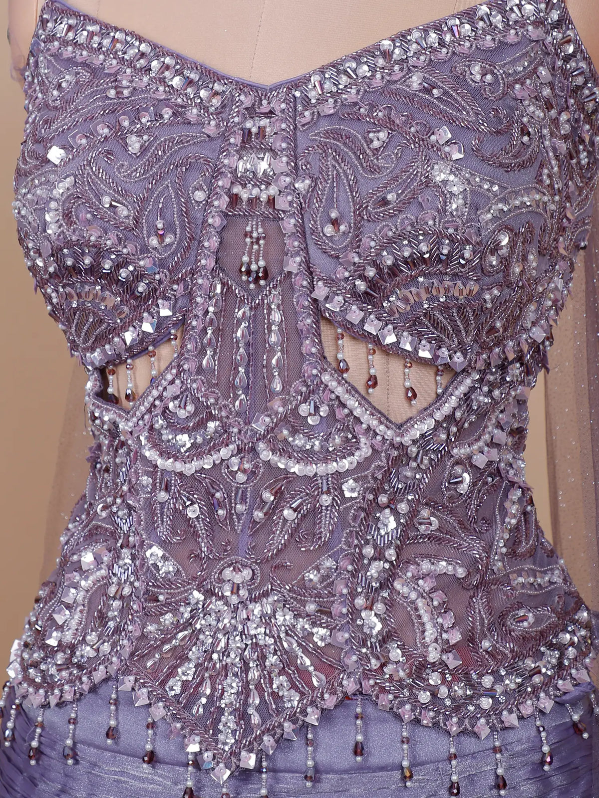 Buy Modern Purple Organza Fishcut Lehenga Featuring Pearl Moti Work