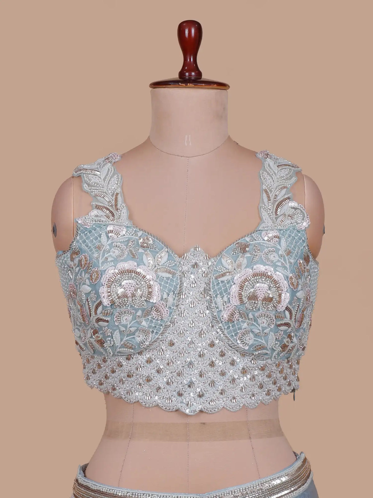 Regal Ice Blue Imported Silk Pre Drape Saree with Floral Beadwork