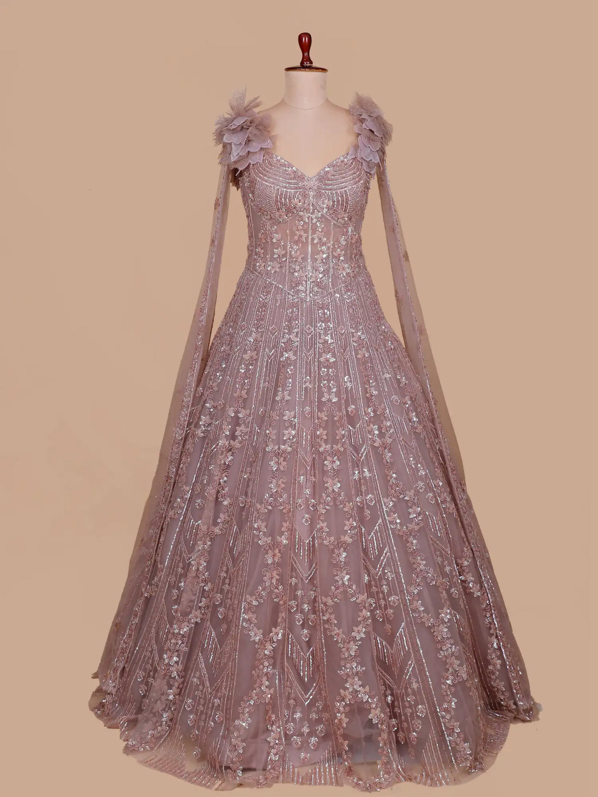 Floral Grace Onion Pink Net Gown With Attached Shoulder Dupatta Styling