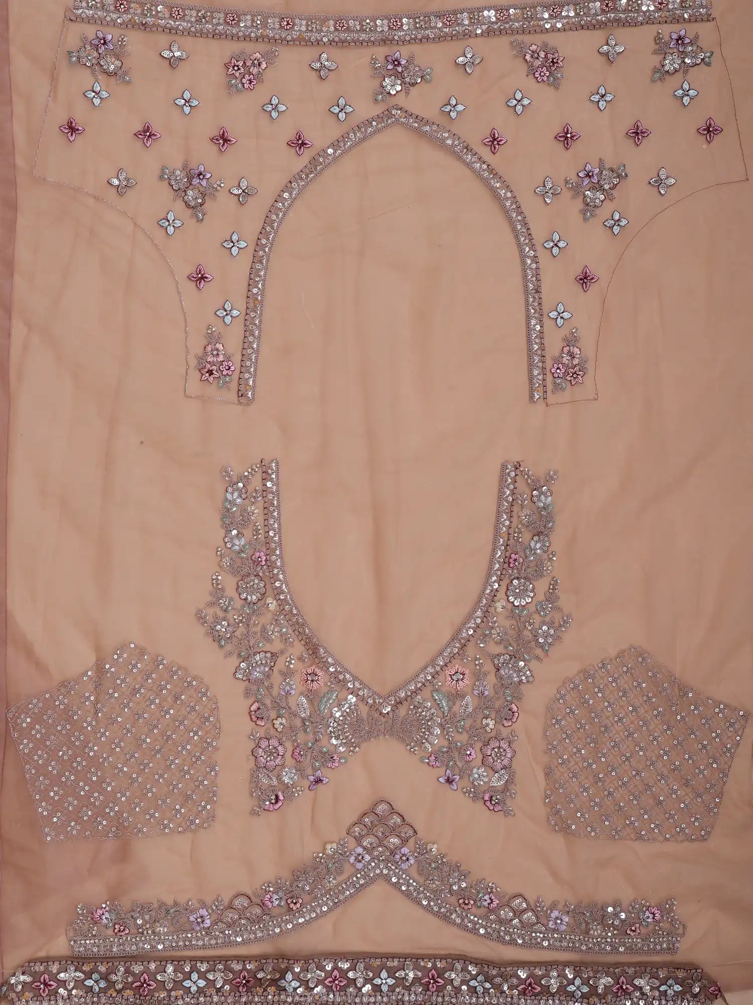 Get Chickoo Net Unstitched Lehenga With Multi Thread Floral Sequin Detailing