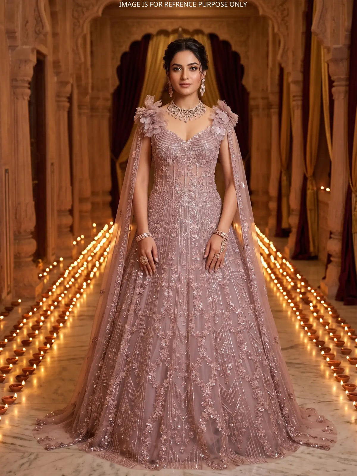 Floral Grace Onion Pink Net Gown With Attached Shoulder Dupatta Styling