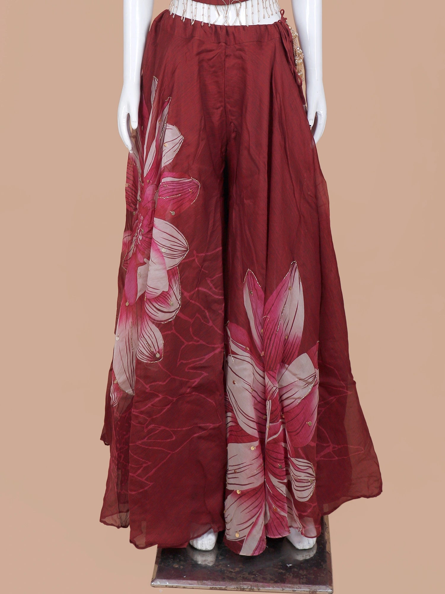 Get Maroon Silk Indo Western Palazzo Suit Featuring Floral Print and Ruffle Dupatta