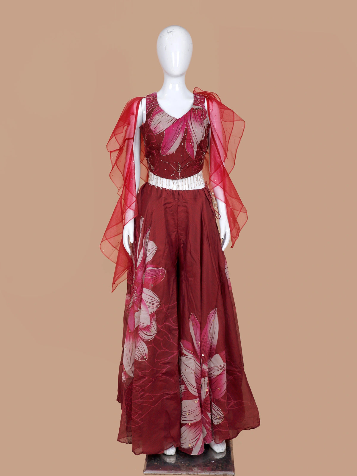 Get Maroon Silk Indo Western Palazzo Suit Featuring Floral Print and Ruffle Dupatta