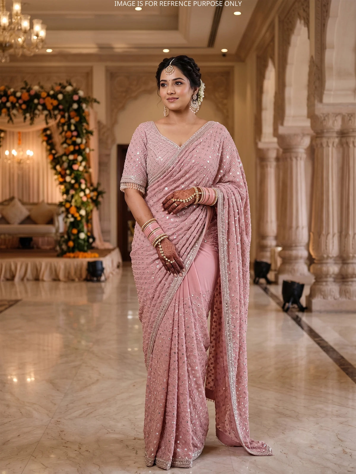 Buy Pink Georgette Saree with Beads