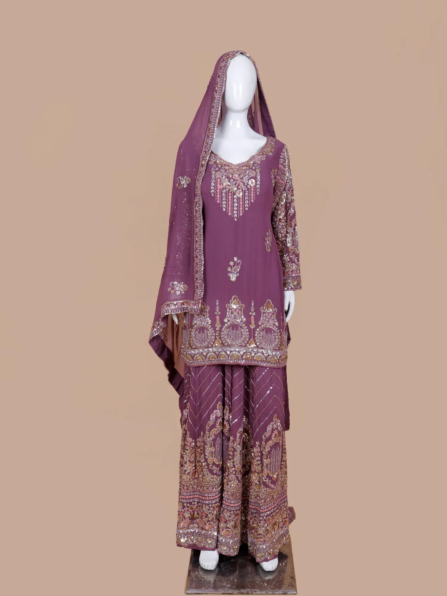 Modern Magenta Georgette Palazzo Suit With Traditional Bead Threadwork
