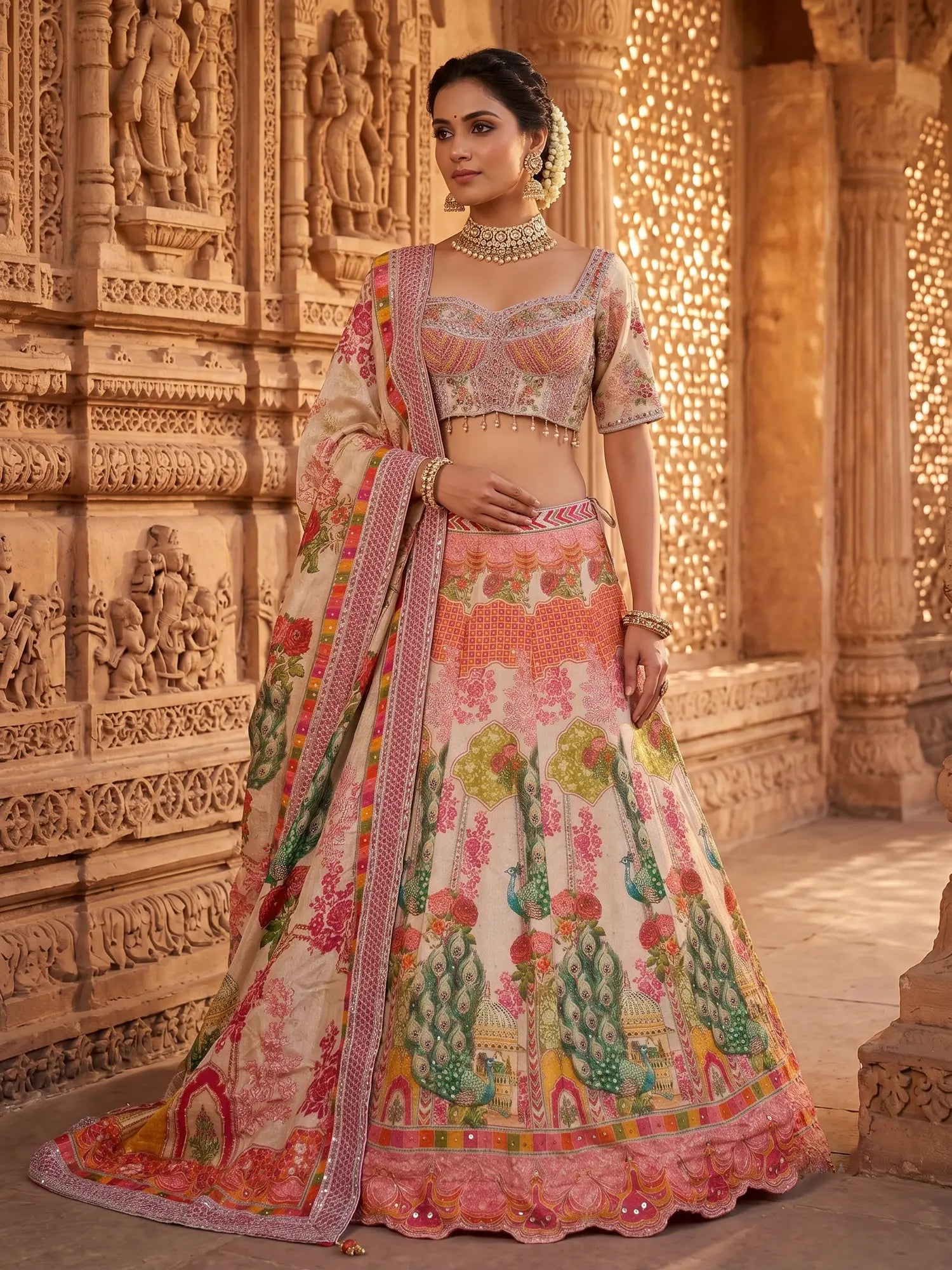 Get Bollywood Style Multi Color Silk Lehenga Mirror Work Design